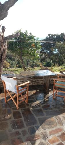 a ping pong table and two chairs and a ping pong table at Vounios house in Manganítis