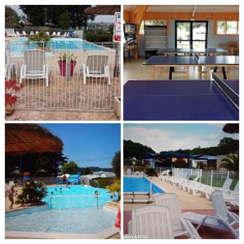 un collage de quatre photos d'une piscine dans l'établissement Mobilhome camping Ernest Renan Louannec, à Louannec