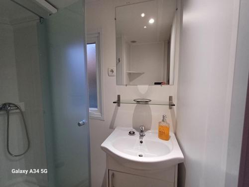 une salle de bain blanche avec un lavabo et une douche dans l'établissement Mobilhome camping Ernest Renan Louannec, à Louannec