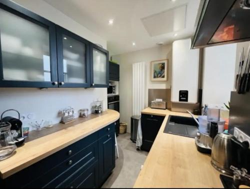 une cuisine avec des armoires bleues et un comptoir dans l'établissement Appartement darmateur port de vannes 17 eme siècle, à Vannes