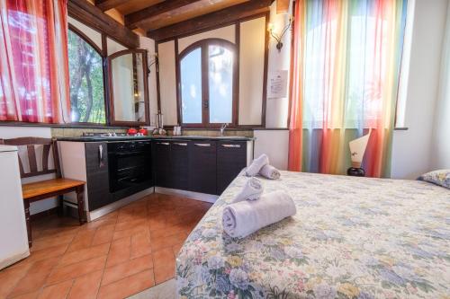 a bedroom with a bed and a kitchen withwindows at B&B Il Giardino Segreto in Stromboli