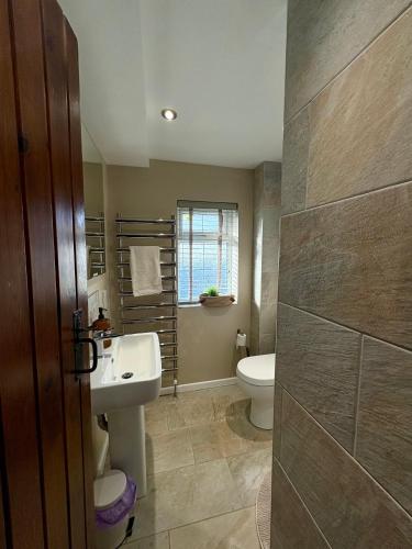 a bathroom with a sink and a toilet at Fitzherbert Cottage in Swynnerton