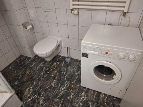 a bathroom with a toilet and a washing machine at Apartment im Zentrum von Wels - Self Check-in in Wels