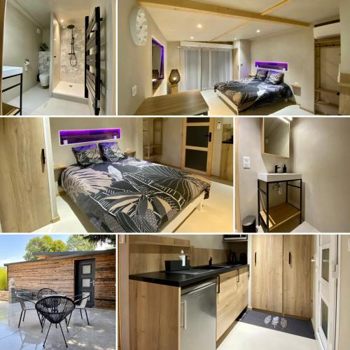a collage of photos of a bedroom with a bed at LE COTTAGE Zen LOVE in Foucherans
