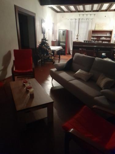 a living room with a couch and a christmas tree at L'auberge d'audressein in Audressein