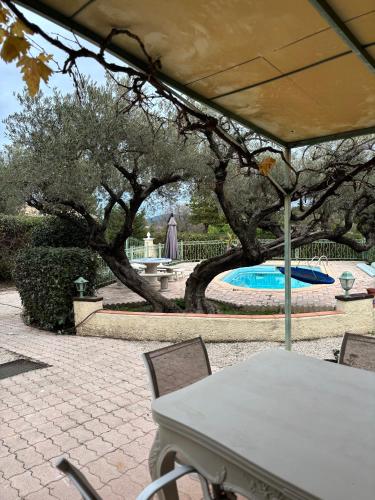 - une table et des chaises sous un parasol à côté de la piscine dans l'établissement La Cigalière 1 charmant T1 bis avec terrasse dans villa, à Solliès-Ville