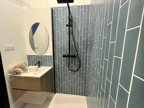 ein Badezimmer mit Dusche und Waschbecken in der Unterkunft Le Bleuet de Rouen in Rouen