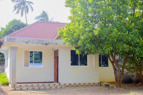 a small white house with a tree in front of it at The Best Travelling Zanzibar Apartment in Zanzibar City