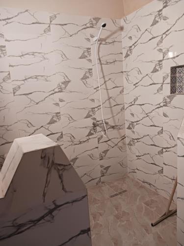 a bathroom with a stone wall with a shower at Maisons la Porte de Désert à Douz in Douz