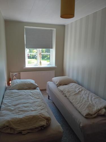 two beds in a room with a window at Elmegaard in Sønderby