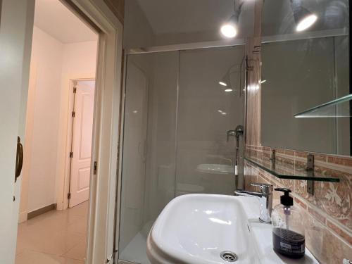 a bathroom with a sink and a glass shower at Apartamento DELAMAR BAJEL46 in Carboneras
