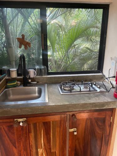 Brisas de ZicatelaにあるLa Punta SurfHouse AC Starlinkのシンクと窓のあるキッチンカウンター
