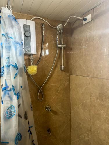 a shower in a bathroom with a shower curtain at Dragon's Lair B&B in Baguio