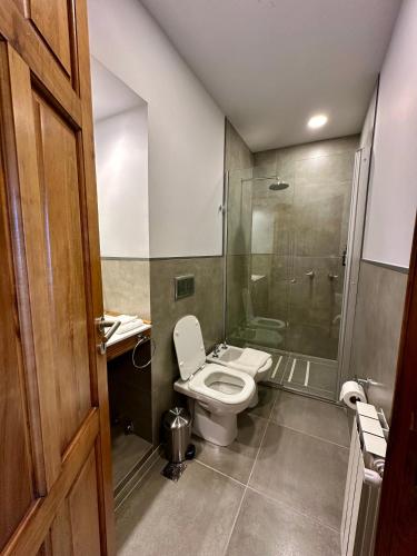 a bathroom with a toilet and a glass shower at El Pedregoso Casa Amarilla in Cholila