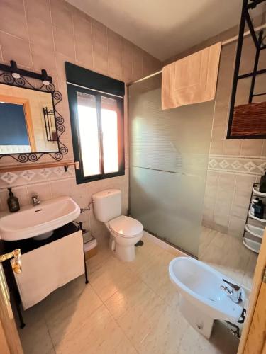 a bathroom with a white toilet and a sink at Vistas increíbles al pantano de Entrepeñas in Guadalajara