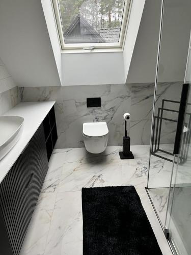 a bathroom with a toilet and a sink and a window at Wisełkowe Zacisze in Wisełka