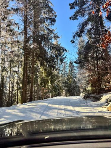 a snow covered road with trees and a car at Chalet Látky in Látky