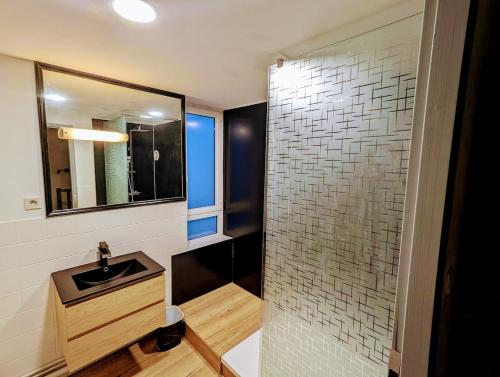 une salle de bain avec un lavabo et une douche en verre dans l'établissement Appart COSY 2 ch avec Terrasse privé & BBQ, à Charmes