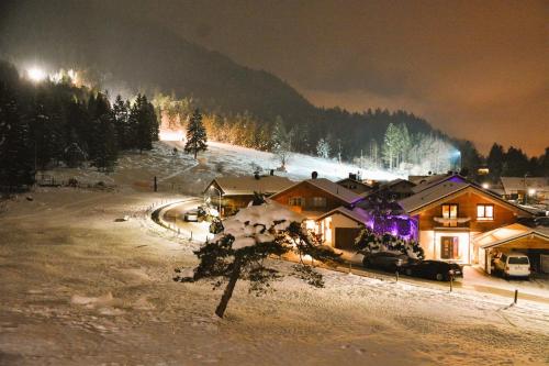 a village at night with snow on the ground at Ferienwohnung Farchanter Alm mit Schlafzimmer, Wohnzimmer und Schlafnische in Farchant