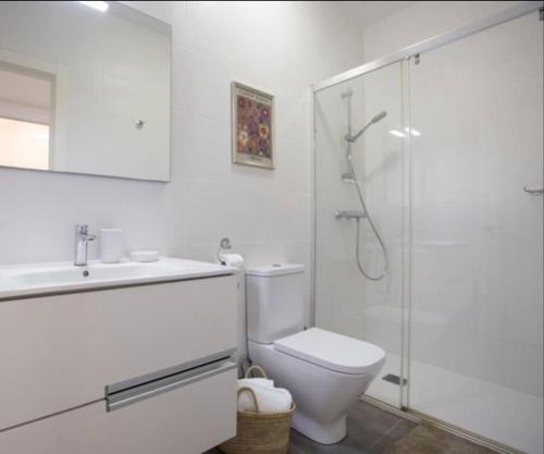a bathroom with a toilet and a shower and a sink at Large terrace 3 minutes from the beach in Getxo