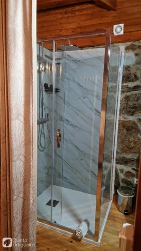 a shower with a glass door in a room at Quinta da Urtigueira in Felgueiras