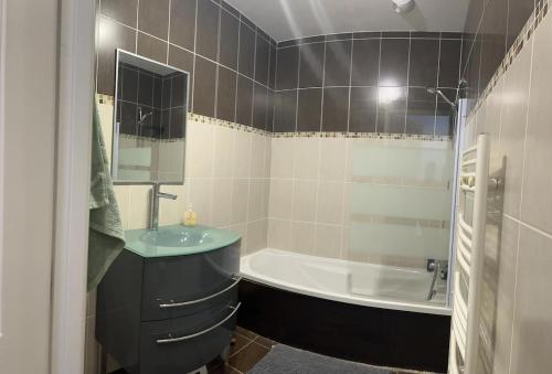 une salle de bain avec un lavabo et une baignoire dans l'établissement Foux d 'Allos en rez de neige, à La Foux d'Allos