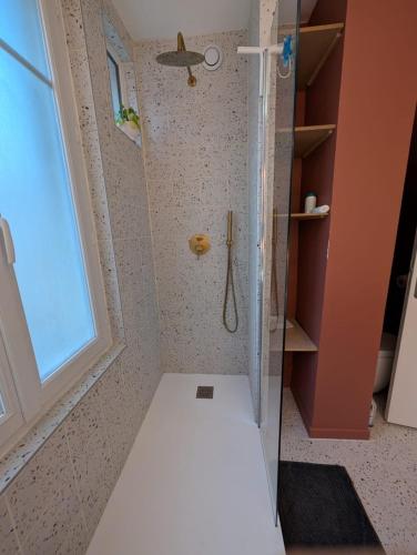 une douche avec une porte vitrée dans une salle de bain dans l'établissement Appartment T2 Asnières Gare, à Asnières-sur-Seine