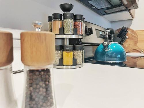 a kitchen counter with jars of spices on it at NEW HAPPY TRAIL 2BR CONDO CLOSE TO DOWNTOWN in Traverse City