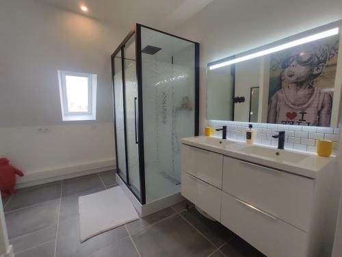 une salle de bain avec une douche, un lavabo et un miroir dans l'établissement La Villa d Elsa 10-12 pers piscine chauffée 500m du centre ville, à Sarlat-la-Canéda