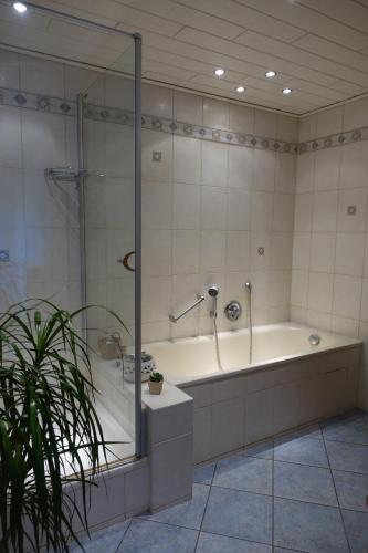 a large bathroom with a tub and a shower at Fewo Anna - ruhig gelegen, mitten in der Natur, unmittelbar am Neckarsteig in Neckarsteinach