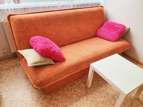 two pink pillows on a brown couch in a room at Tokyo Vibes - Private Sleeping Pods Hostel, Self check-in in Vilnius