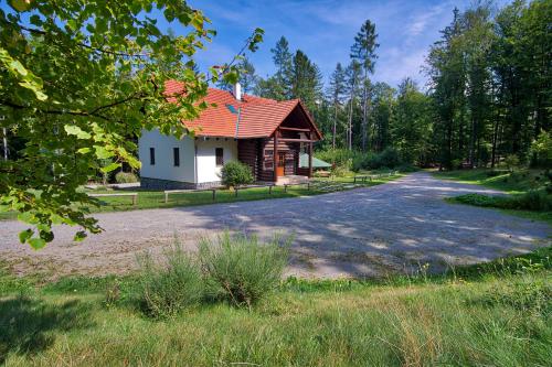a house with a red roof on a road at Chata BABÍ LOM in Lelekovice