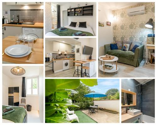 un collage de photos d'une cuisine et d'un salon dans l'établissement La p'tite Auxerroise, mini-maison avec jardin !, à Auxerre