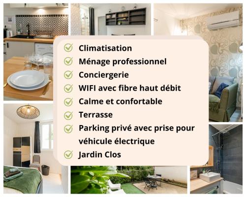 a collage of photos of a kitchen and a living room at La p'tite Auxerroise, mini-maison avec jardin ! in Auxerre