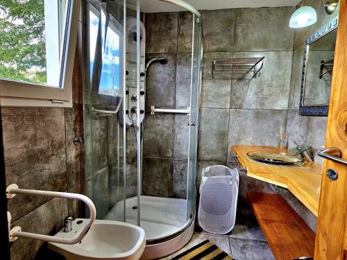 une salle de bain avec douche et lavabo dans l'établissement Puerto Esmeralda ESPECTACULAR DEPTO CON VISTA AL LAGO NAHUEL HUAPI, à Villa La Angostura