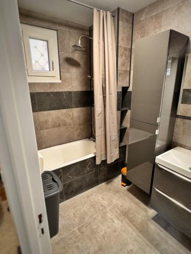 une salle de bain avec une baignoire, une douche et un lavabo dans l'établissement Hellébore - Cosy avec garage, à Saint-Claude