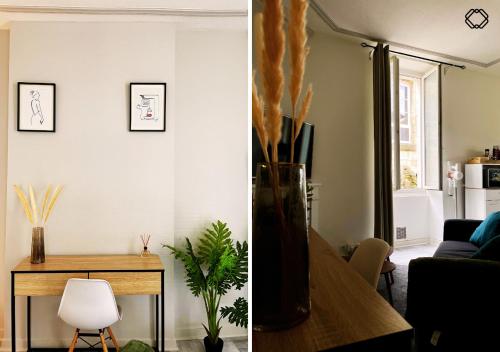 deux photos d'un salon avec une table dans l'établissement Studio Carmes, à Angoulême