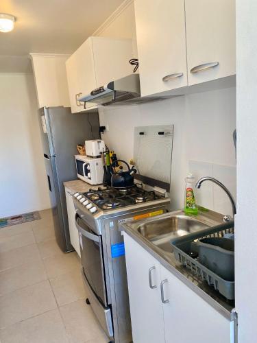 a kitchen with a stainless steel stove and a sink at Departamentos Caldera Suites in Caldera