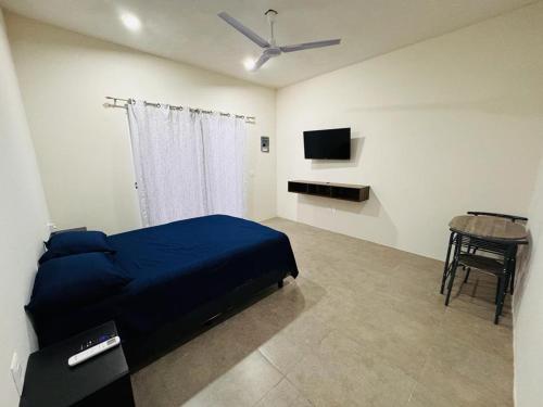 a bedroom with a blue bed and a television at Casa completa para 6 personas in Santa Cruz Huatulco