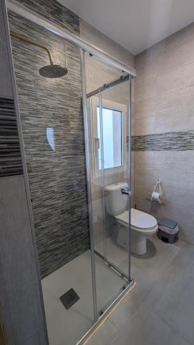 a bathroom with a toilet and a glass shower at APARTAMENTOS LA PALMERA in Fernán Pérez