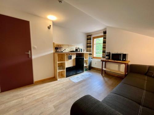 un salon avec un canapé et une cuisine dans l'établissement Le Grand Loup, appartement neuf avec bain nordique, à Gerbépal