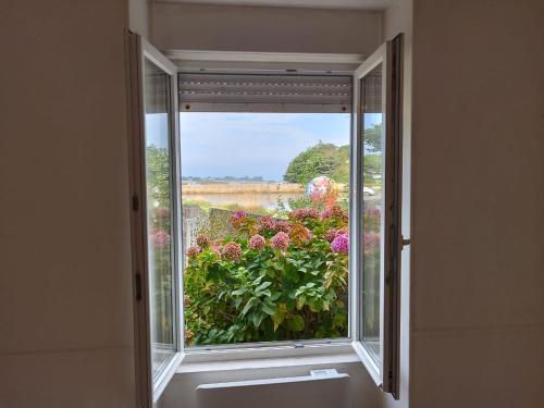 une fenêtre ouverte avec vue sur une plante à fleurs dans l'établissement Maison acces et vue mer a 100 metres, à Trébeurden