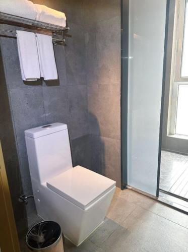 a bathroom with a toilet and towels on the wall at Mehood Lestie, Beidaming Palace in Xi'an