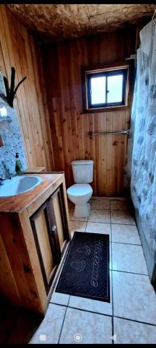 La salle de bains en bois est pourvue de toilettes et d'un lavabo. dans l'établissement cabaña Belén, à Neltume