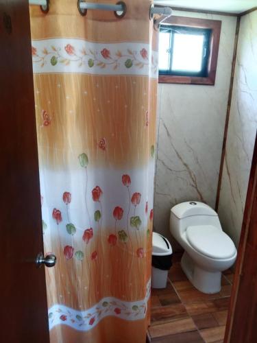 a bathroom with a toilet and a shower curtain with flowers at Cabaña familiar Doris in Coñaripe