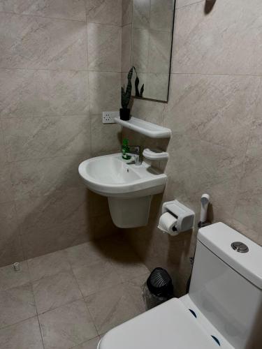 a bathroom with a white sink and a toilet at Modern Apartment in Boshar, Muscat in Muscat