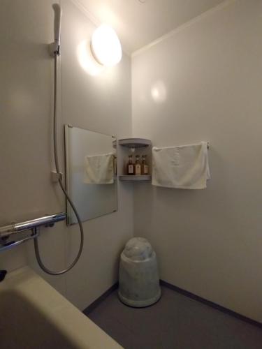 a bathroom with a shower with a mirror and a sink at Dormy Inn Akita in Akita
