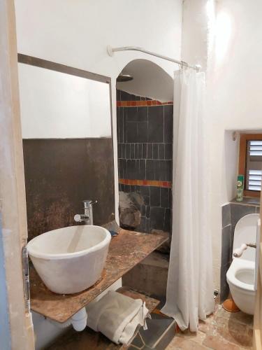 une salle de bain avec un lavabo et des toilettes dans l'établissement Appartement spacieux à Algajola, à Algajola