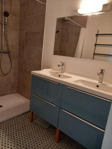 une salle de bain avec un lavabo, un miroir et une baignoire dans l'établissement Domaine Saint Augustin, à Rieux-Minervois