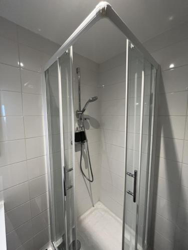 une douche avec une porte vitrée dans une salle de bain dans l'établissement Le Studio 75, à Thonon-les-Bains